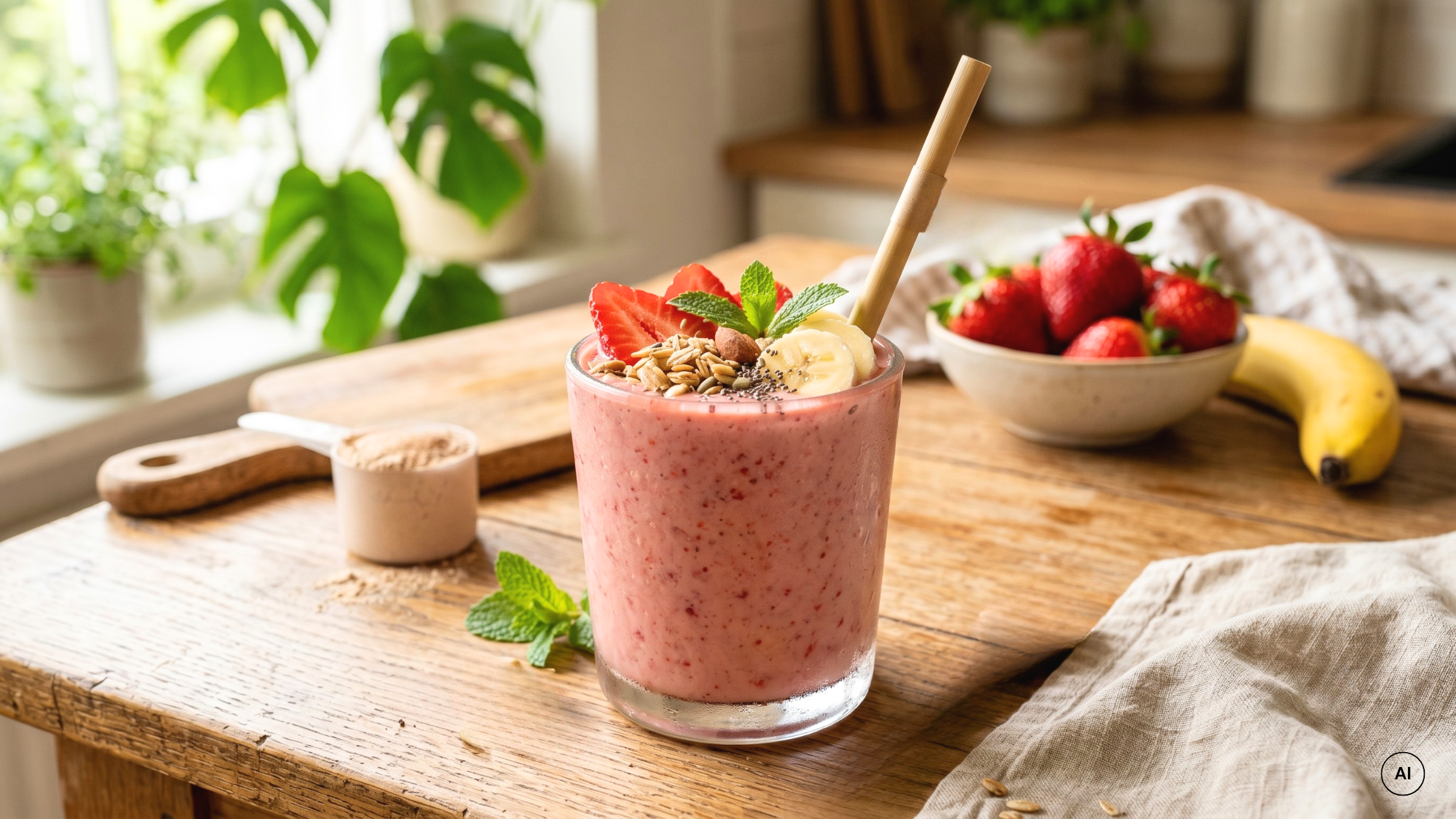 Protein morgen smoothie med jordbær og banan