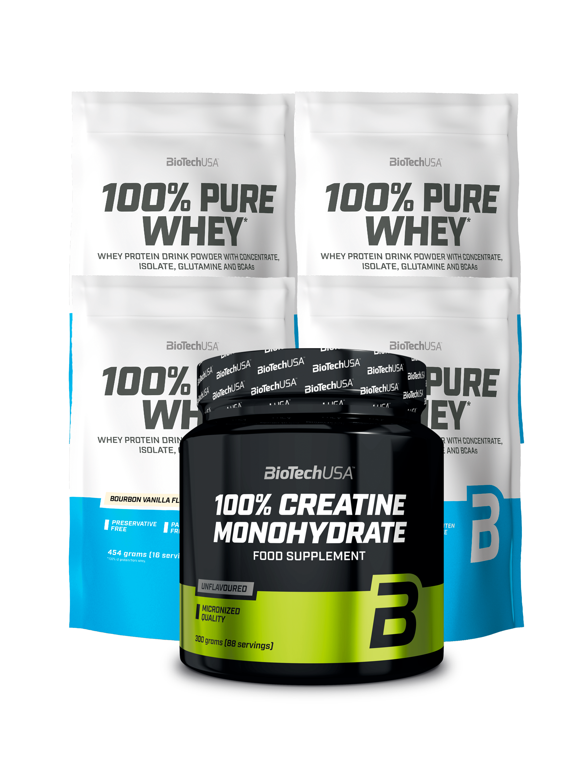 100% Pure Whey Protein (4x454g) + 100% Creatine Monohydrate