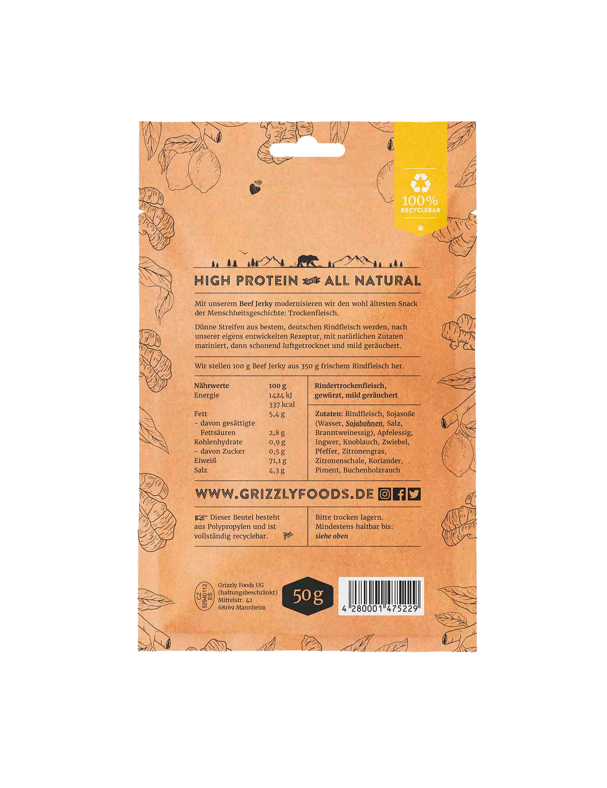 Beef Jerky med citron og ingefær (50g)