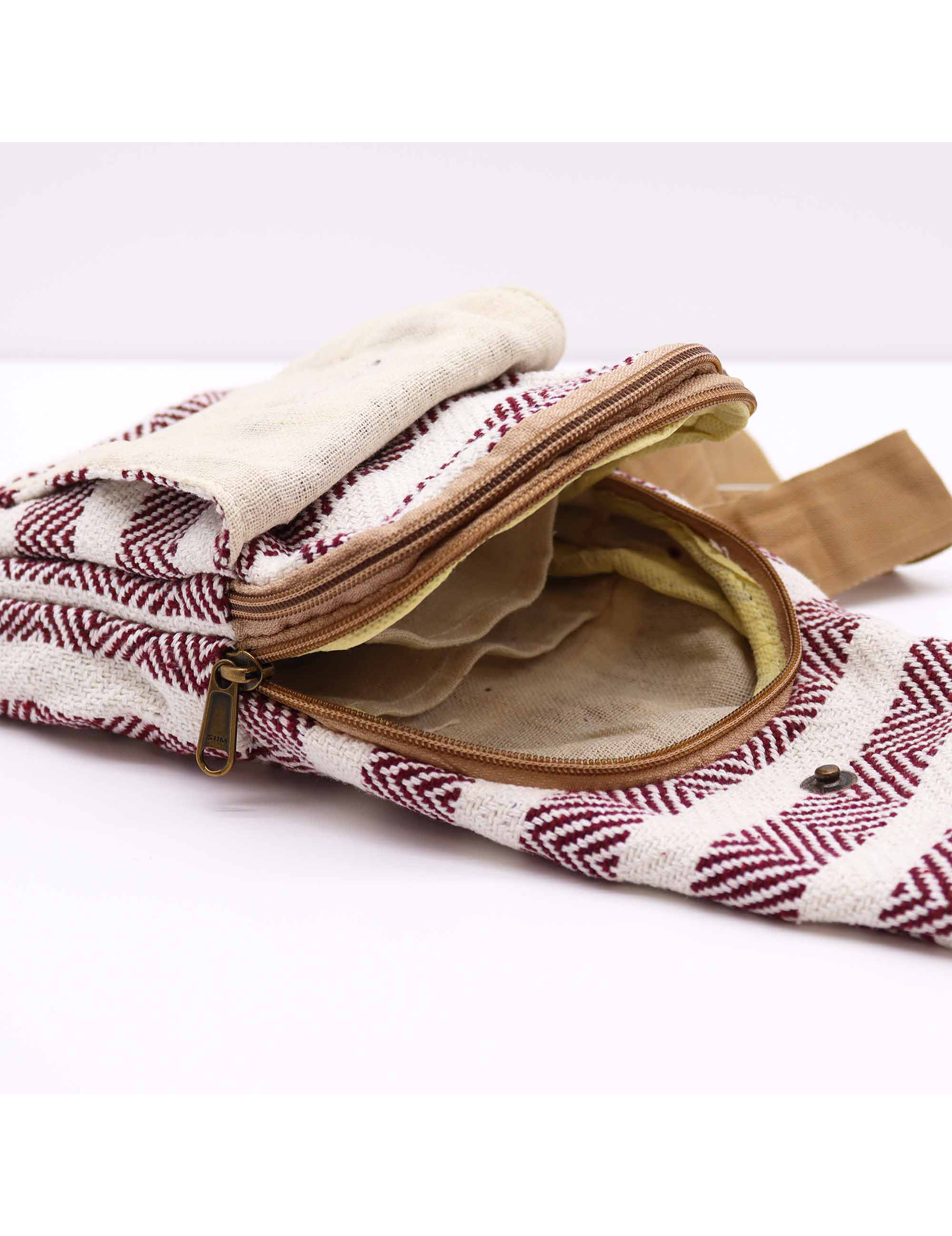 Crossbody taske i bomuld- Bordeaux & Hvid