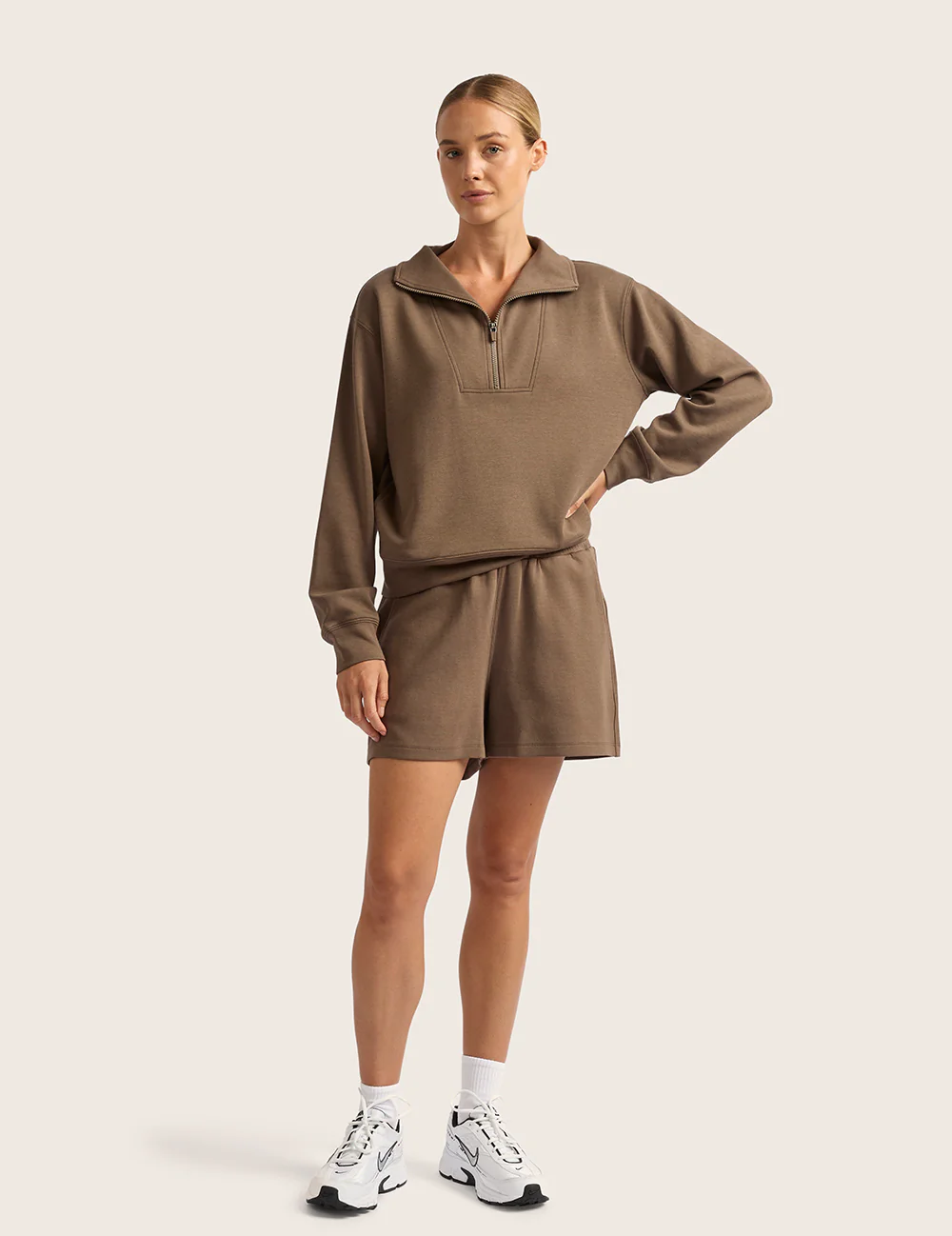 Sweatshirt med halv lynlås - Oyster