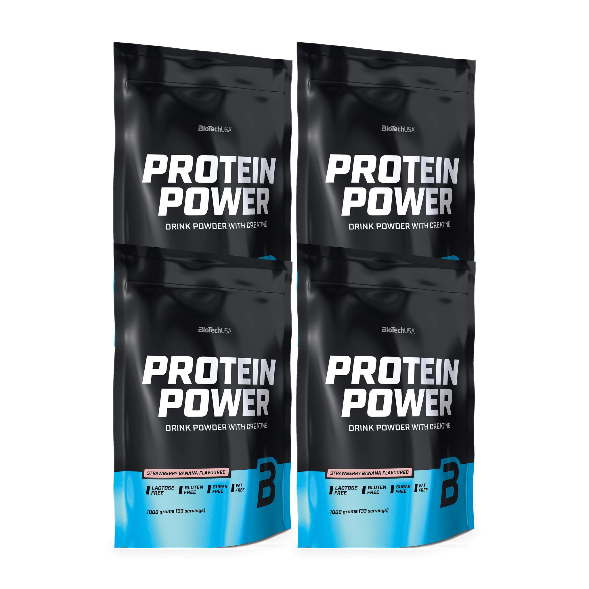 BioTechUSA Protein Power med jordbær-banan-smag, 4 x 1000 g