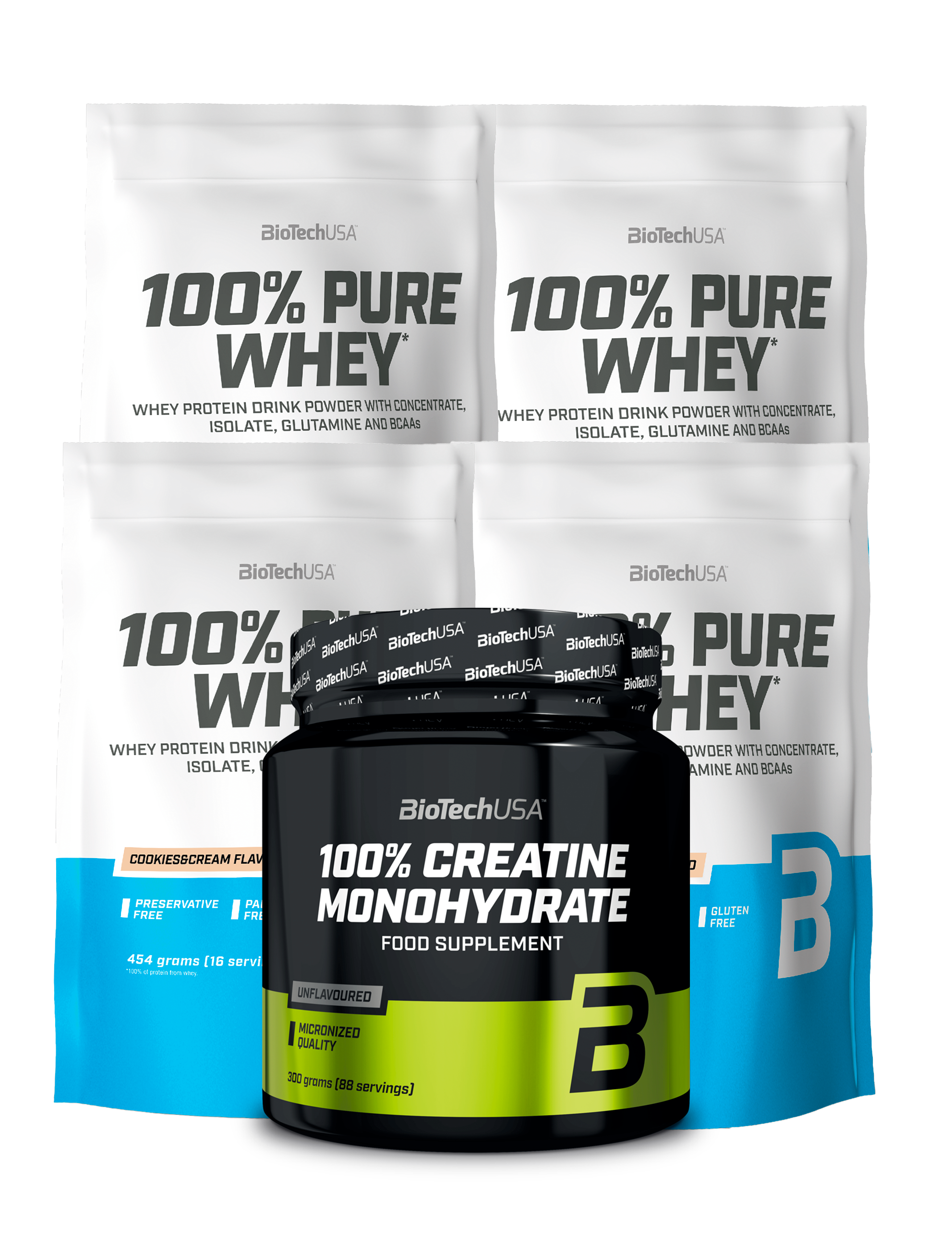100% Pure Whey Protein (4x454g) + 100% Creatine Monohydrate