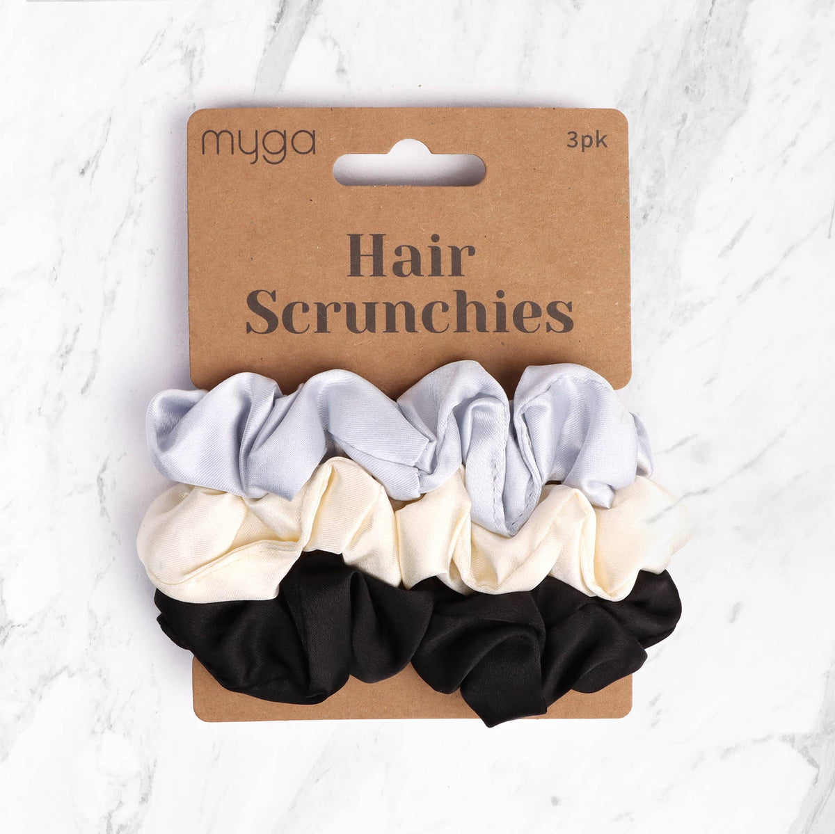 Myga scrunchies – 3 stk. i sølv, hvid og sort