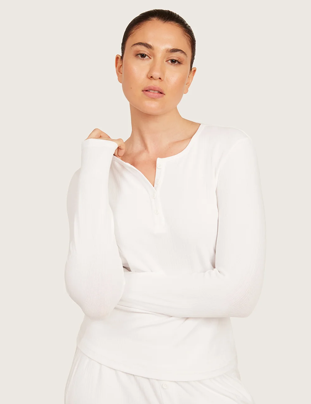 AiraRib™ langærmet Henley-top – Chalk White – billede 2