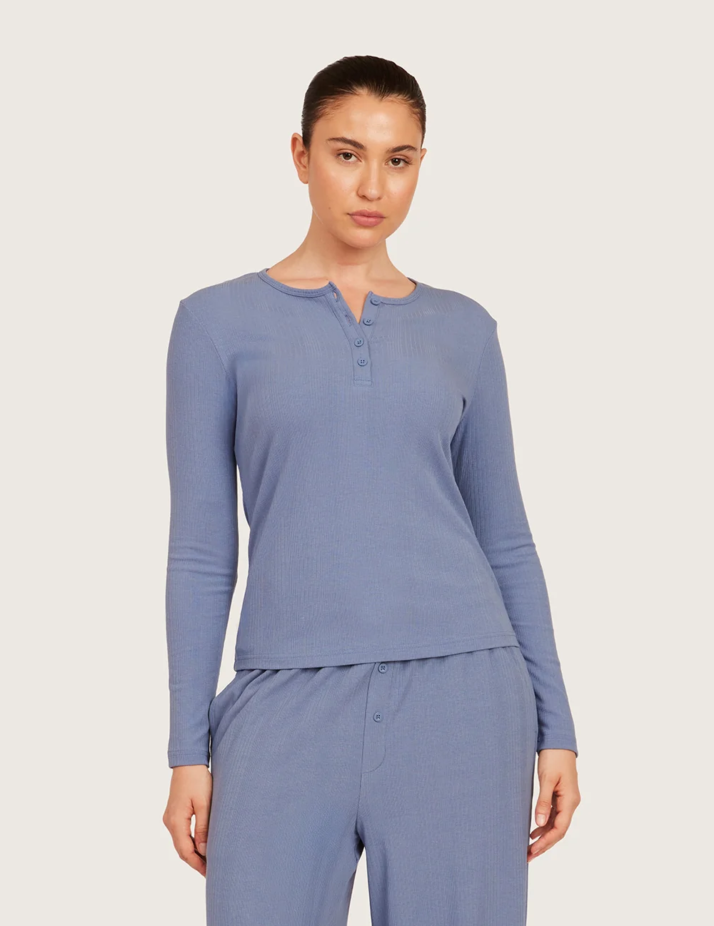 AiraRib™ langærmet Henley-top – Steel Blue – billede 1