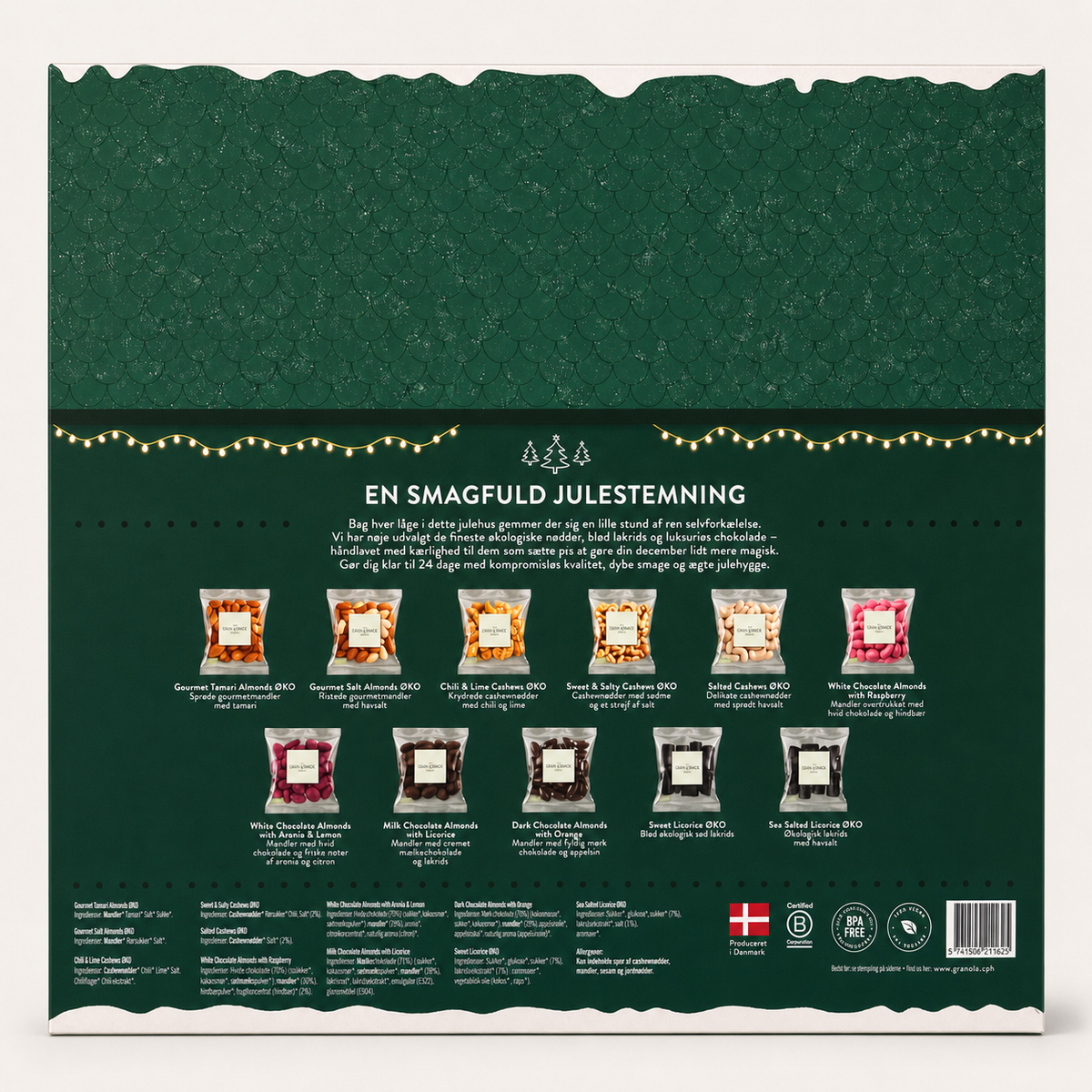 Gourmet Julekalender med nødder, lakrids og chokoloadeovertrukkede mandler