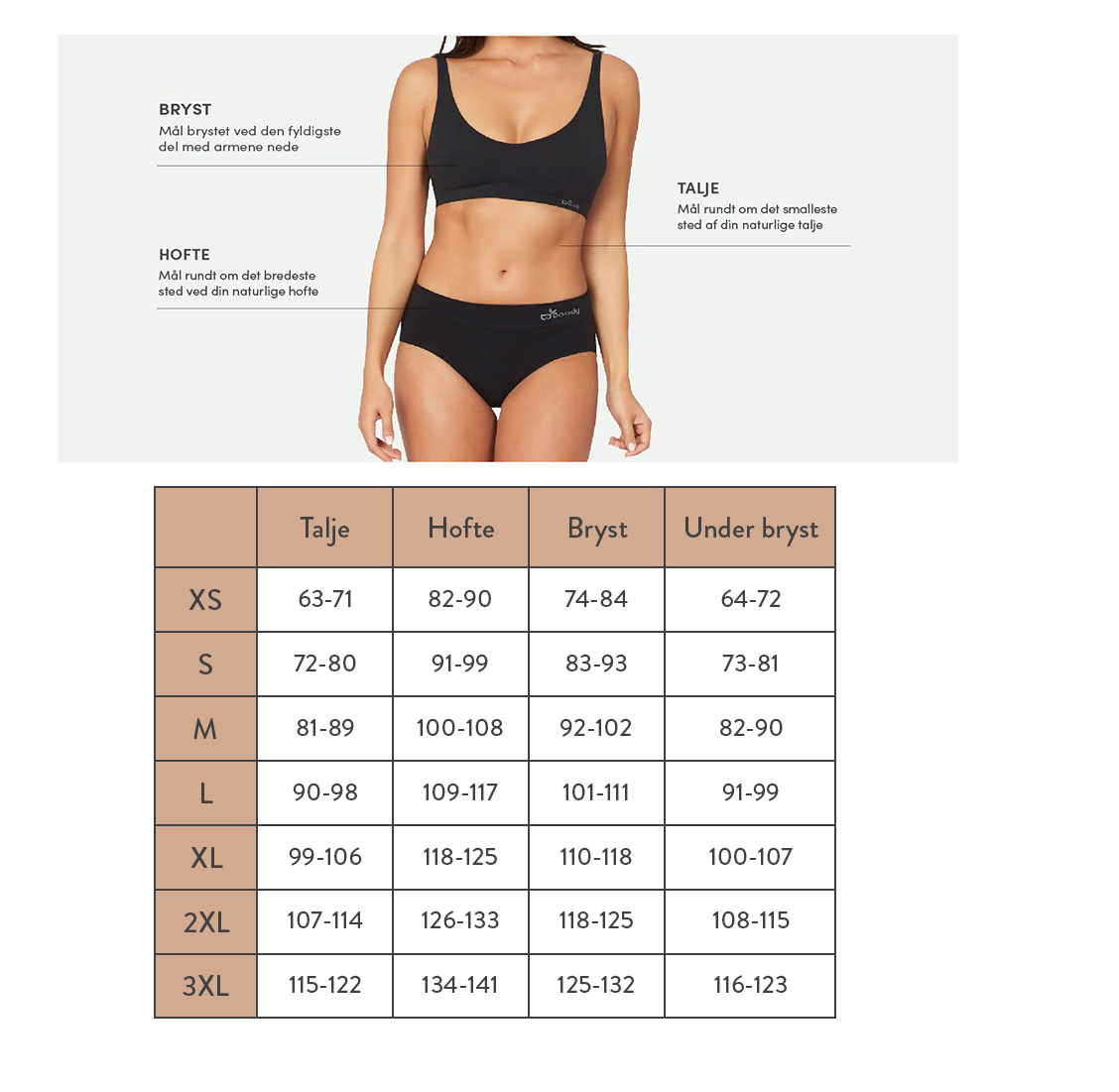 Størrelsesguide for Racerback Sports Bra – Black/Silver