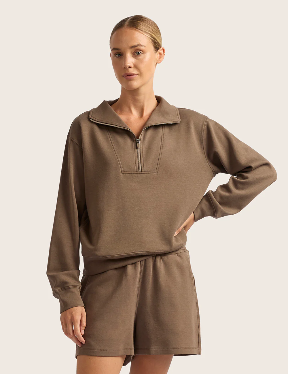 Sweatshirt med halv lynlås - Oyster