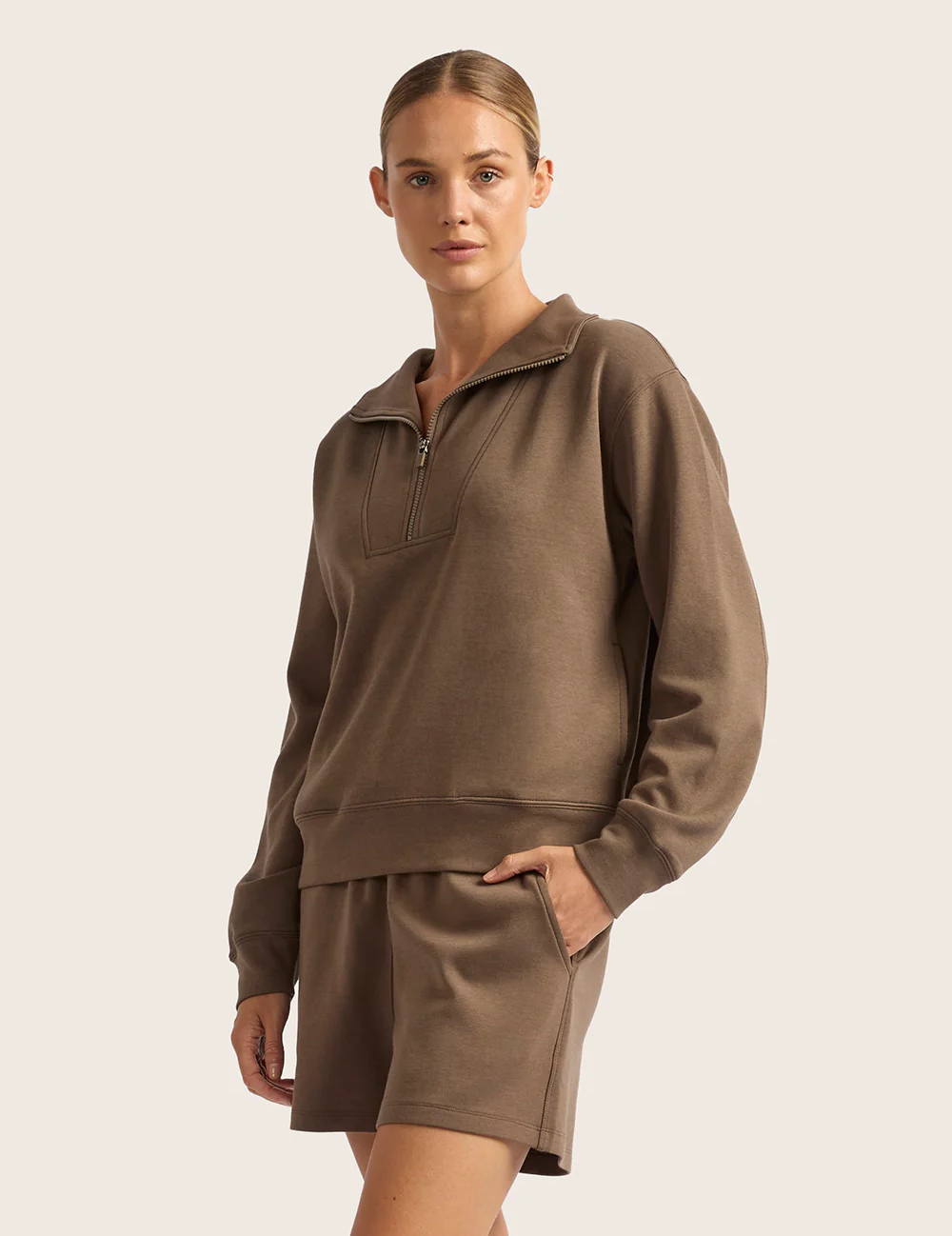Sweatshirt med halv lynlås - Oyster