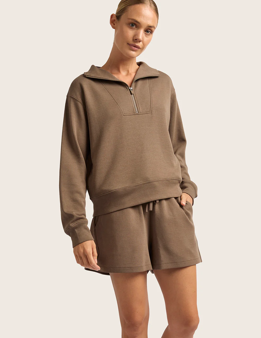 Sweatshirt med halv lynlås - Oyster