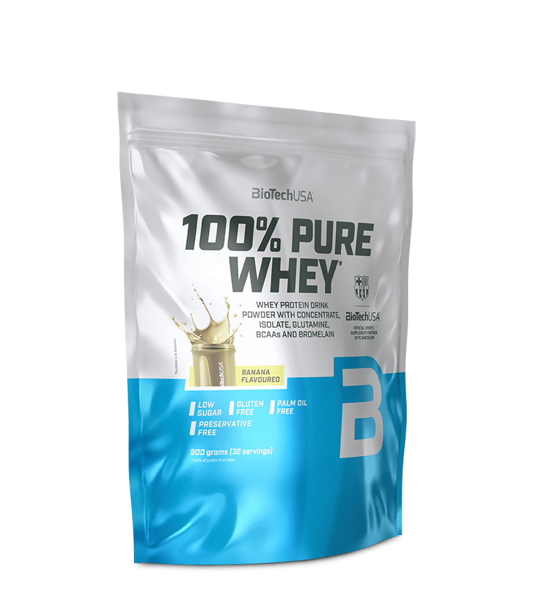 BioTechUSA 100% Pure Whey Protein 900 g med banansmag, fritlagt pose