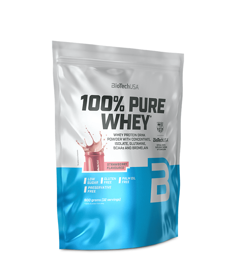 BioTechUSA 100% Pure Whey Protein 900 g med jordbærsmag, fritlagt pose