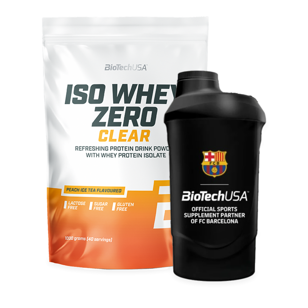 BioTechUSA Iso Whey Zero Clear Peach Tea, 1000 g, med FC Barcelona-shaker