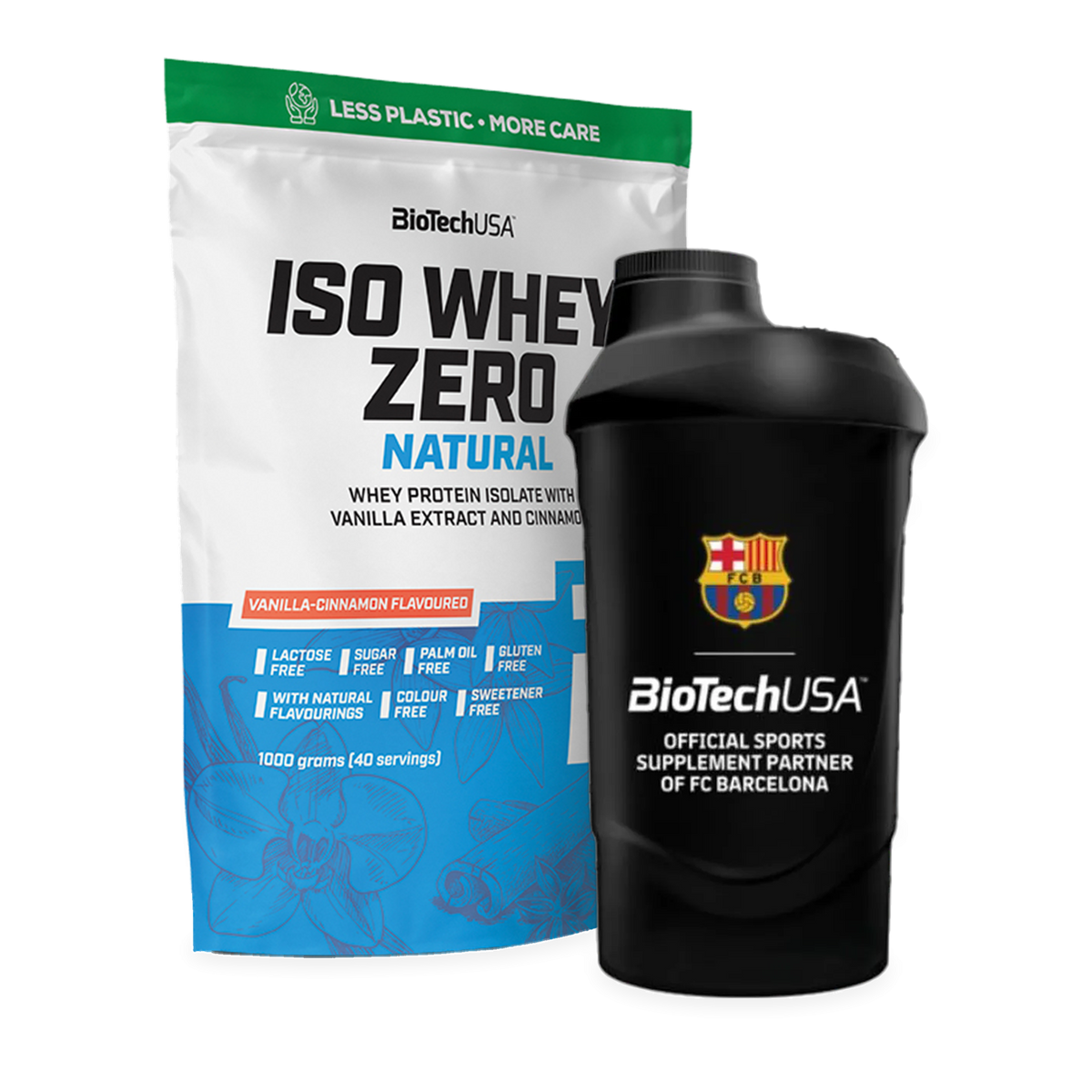 BioTechUSA Iso Whey Zero Natural Vanilla-Cinnamon, 1000 g, med FC Barcelona-shaker