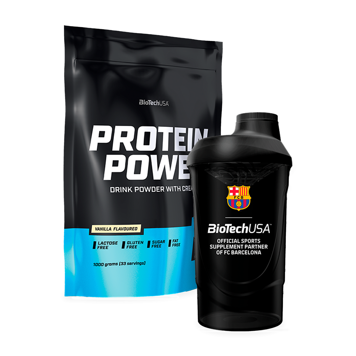 BioTechUSA Protein Power med vaniljesmag, 1000 g, og FC Barcelona-shaker