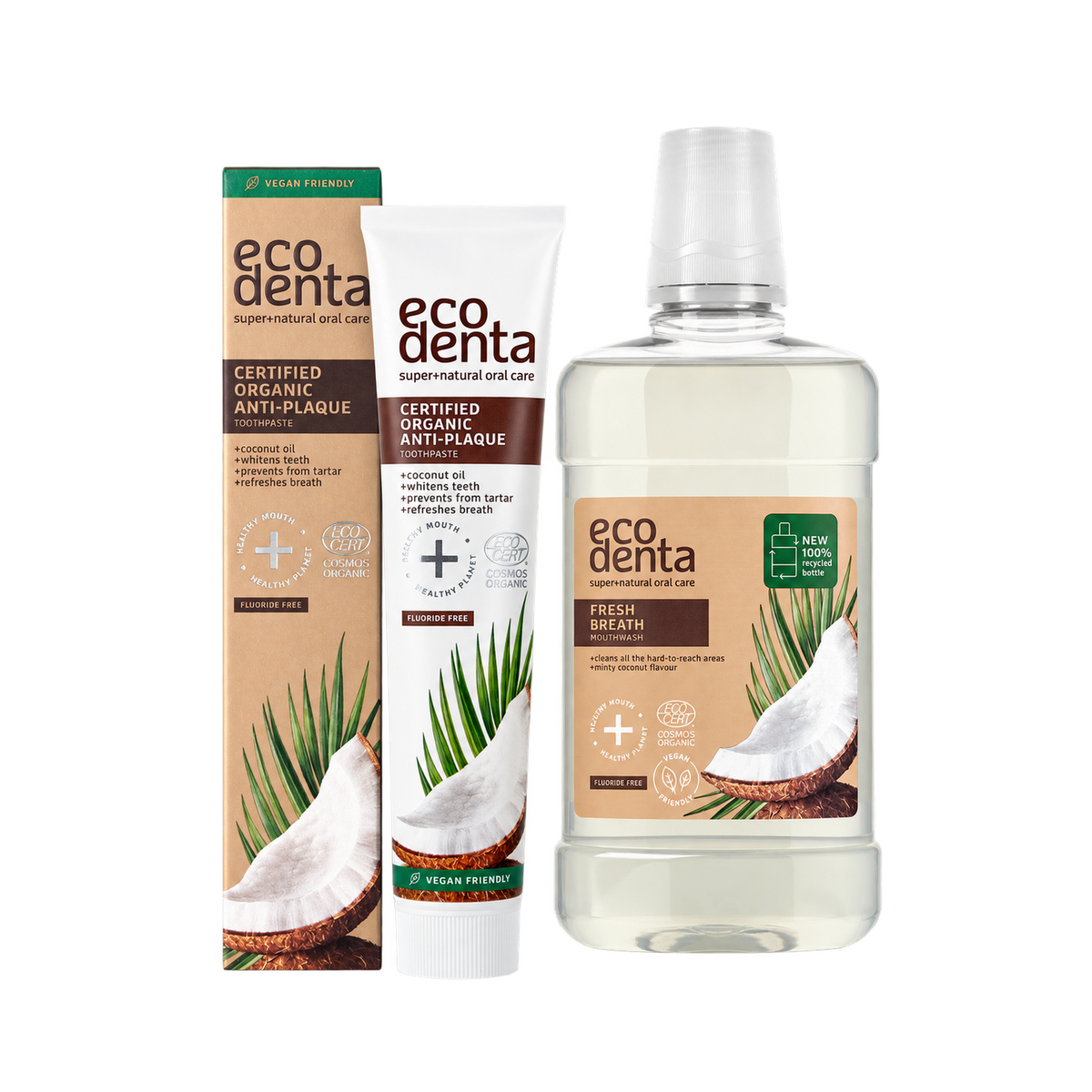 EcoDenta tandplejesæt med kokosolie: tandpasta 75 ml og Minty Coconut mundskyl 500 ml