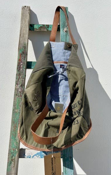 RETRO RR35 tote-taske i genanvendt lærred – åben taske med stribet for