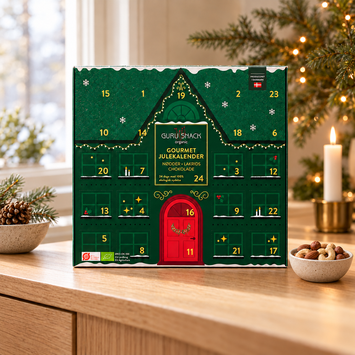 Gourmet Julekalender med nødder, lakrids og chokoloadeovertrukkede mandler