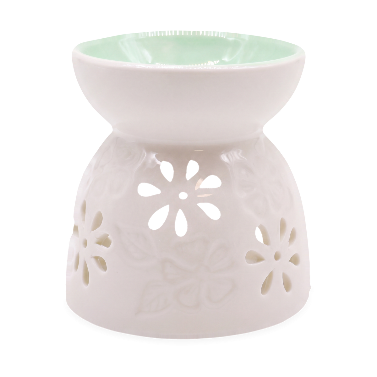 Guru Shop Klassisk hvid oliebrænder med blomstermønster og teal skål