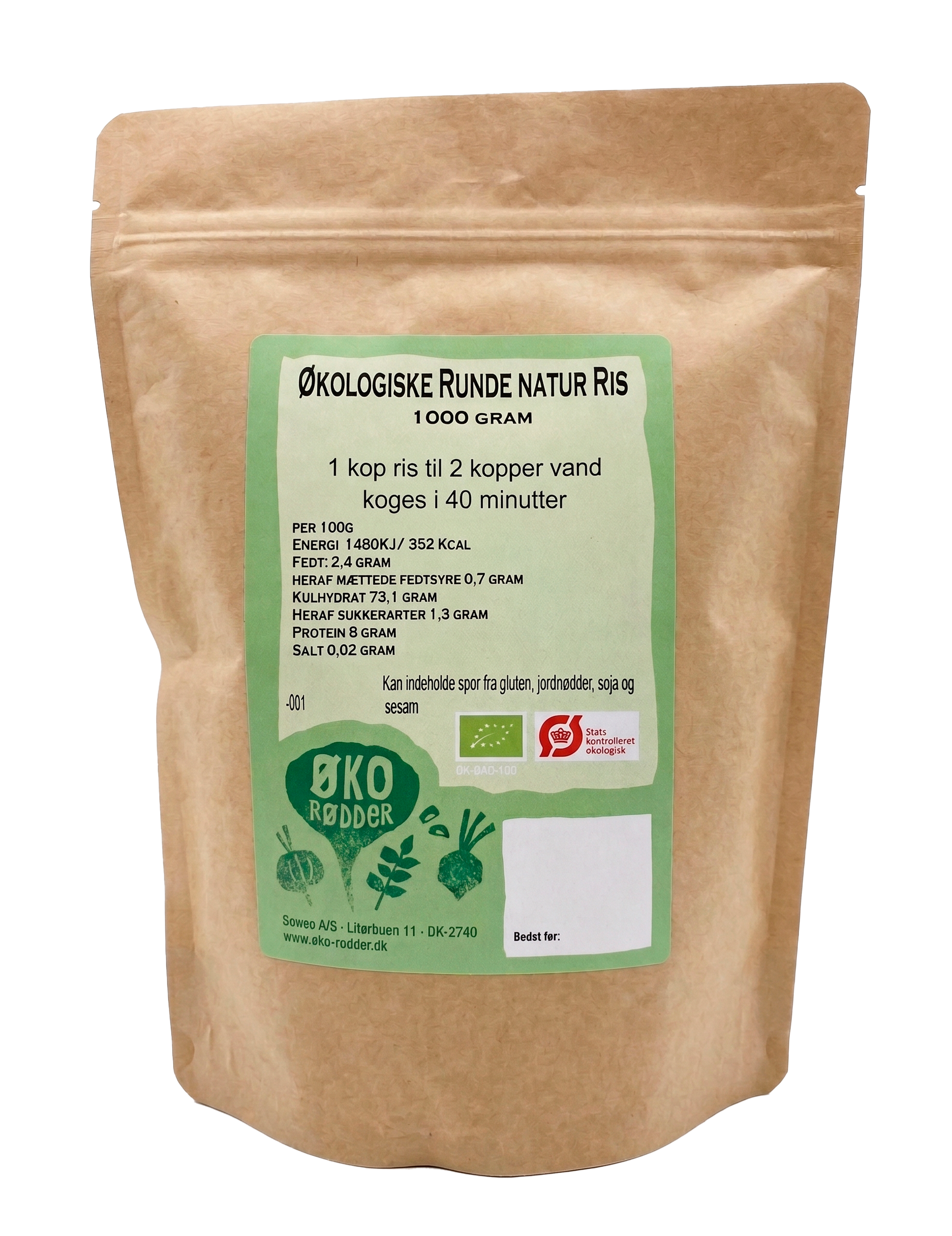 Økologiske Kortkornede fuldkornsris (1kg)