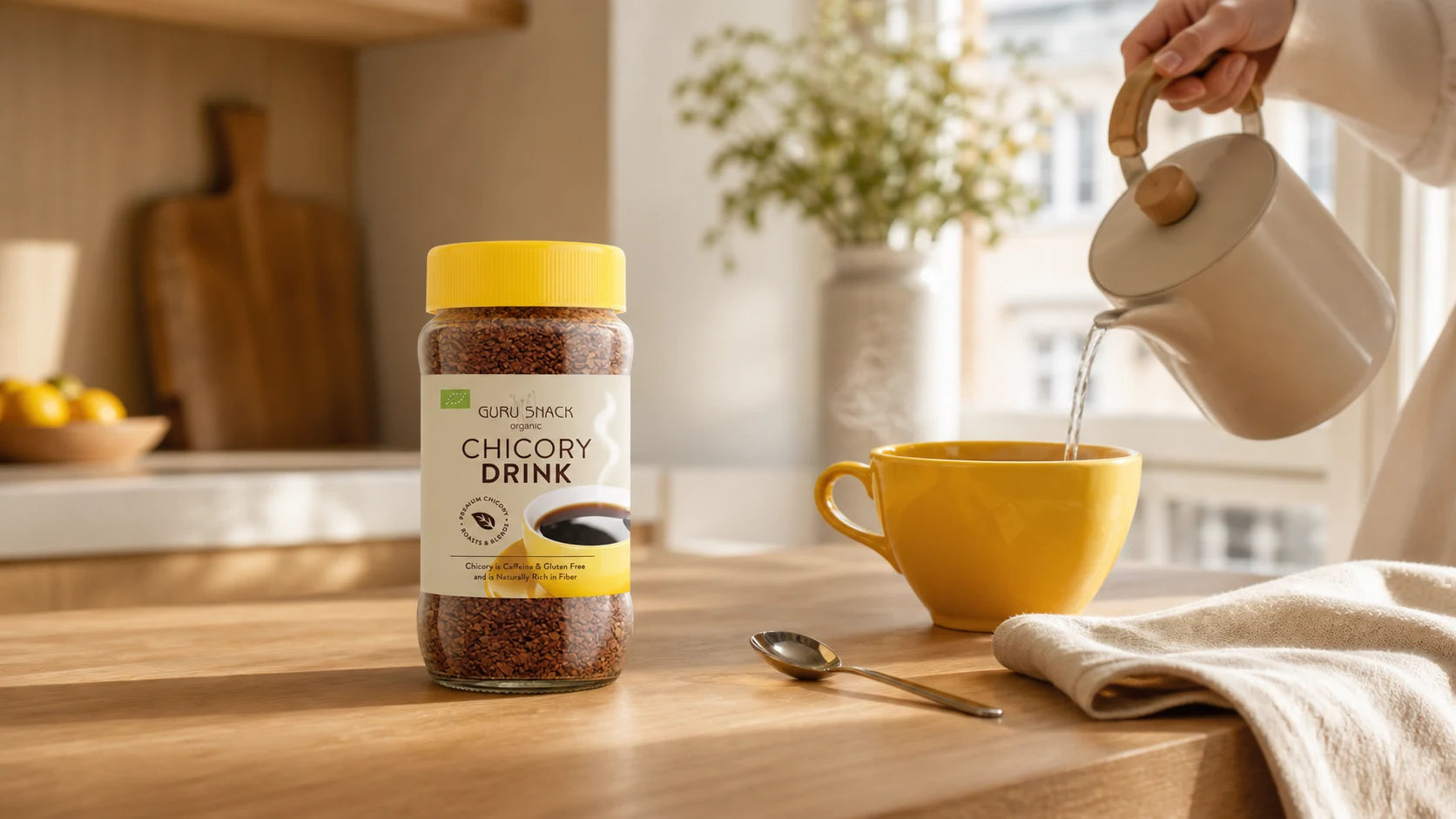 Guru Snack Cikorie Drik tilberedes som en varm morgenrutine