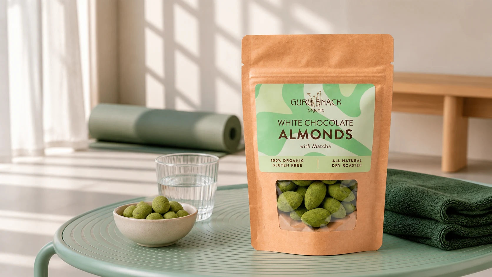 Guru Snack Matcha-mandler i et lyst bevægelsesstudie
