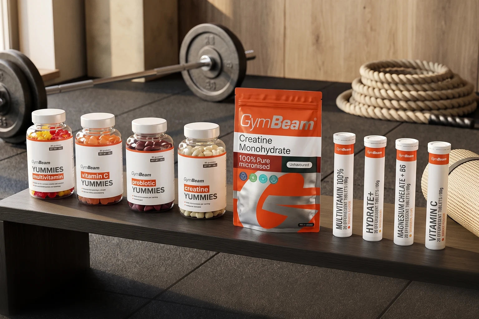 Fire GymBeam Yummies, kreatin og fire slags brusetabletter på en mørk træningsbænk foran en vægtstang og træningsreb